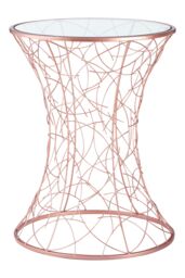 Orsina Rose Gold Concave Accent Table, Tempered Glass Top Corseted Side Table, Hourglass Shape Iron Frame