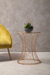 Orsina Rose Gold Concave Accent Table, Tempered Glass Top Corseted Side Table, Hourglass Shape Iron Frame - thumbnail 2