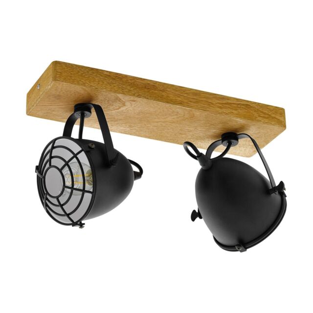 Loops Adjustable 2 Bulb Ceiling Spotlight Wood & Black Shade 40W E27 Kitchen Island - image 1