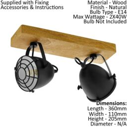 Loops Adjustable 2 Bulb Ceiling Spotlight Wood & Black Shade 40W E27 Kitchen Island - thumbnail 2