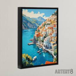 "Artery8 Amalfi Coast Italy Coastal Landscape Framed Canvas Wall Art Print in Blue - Size: W12"" x H16""" - thumbnail 2