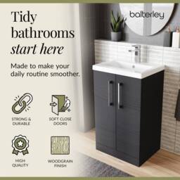 Balterley Contemporary Bathroom Floor Standing 2 Soft-Close Door Vanity Unit & Mid-Edge Ceramic Basin, Charcoal Black, 500 mm in Black - thumbnail 7