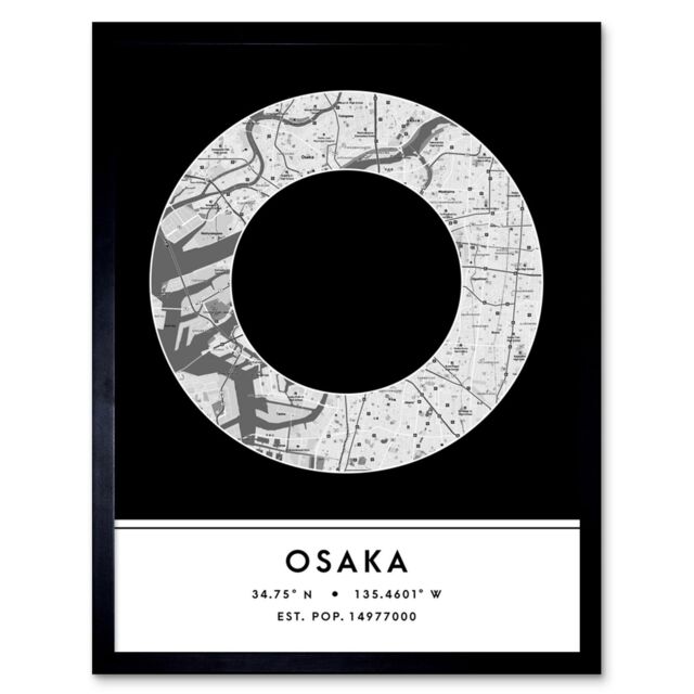 "Wee Blue Coo Wall Art Print Osaka Japan City Map Modern Typography Stylish Letter Framed Word in Black - Size: W12"" x H16""" - image 1