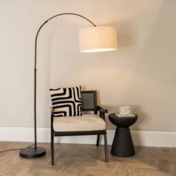 ValueLights Louis Black Metal Arched Floor Lamp with Linen Trim Drum Lamp Shade in White - thumbnail 1