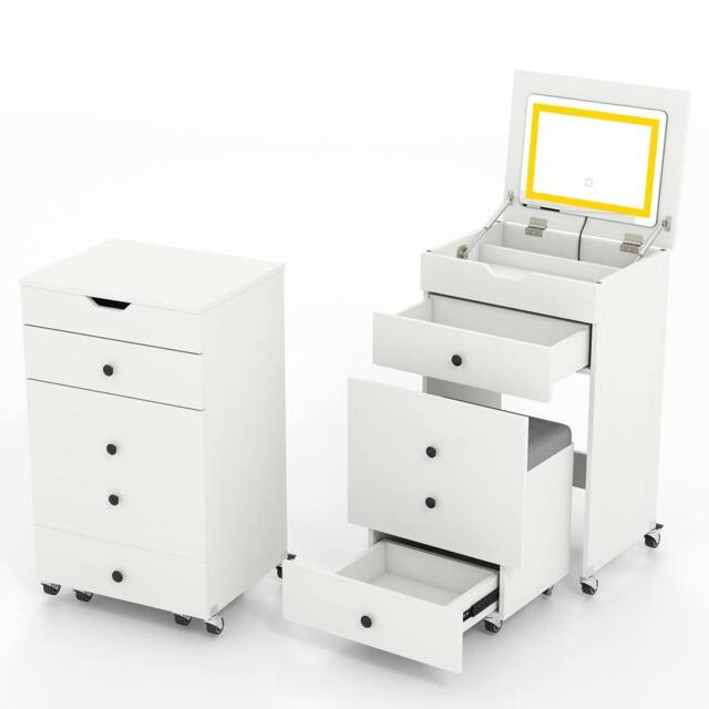 Costway 3-in-1 Vanity Desk Set w/Flip-top Mirror & Lights Makeup Table w/Stool in White - image 1