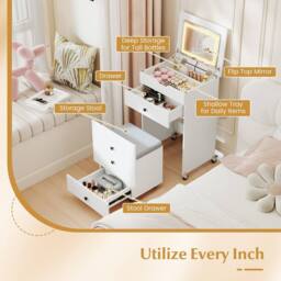 Costway 3-in-1 Vanity Desk Set w/Flip-top Mirror & Lights Makeup Table w/Stool in White - thumbnail 2