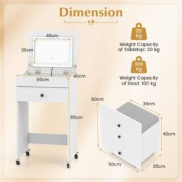 Costway 3-in-1 Vanity Desk Set w/Flip-top Mirror & Lights Makeup Table w/Stool in White - thumbnail 6