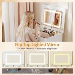 Costway 3-in-1 Vanity Desk Set w/Flip-top Mirror & Lights Makeup Table w/Stool in White - thumbnail 8