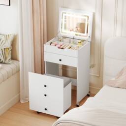 Costway 3-in-1 Vanity Desk Set w/Flip-top Mirror & Lights Makeup Table w/Stool in White - thumbnail 9