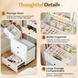 Costway 3-in-1 Vanity Desk Set w/Flip-top Mirror & Lights Makeup Table w/Stool in White - thumbnail 5