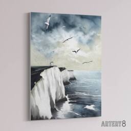 "Artery8 Seagulls Over Dover Cliffs In England Canvas Wall Art Print in Blue - Size: W18"" x H24""" - thumbnail 2