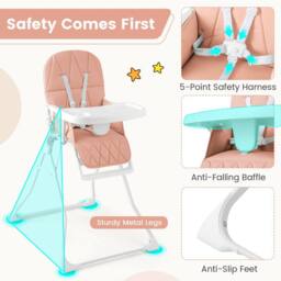 Costway Foldable High Chair Easy Clean Compact Highchair w/ Tray in Pink - thumbnail 7