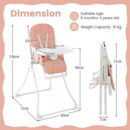Costway Foldable High Chair Easy Clean Compact Highchair w/ Tray in Pink - thumbnail 2