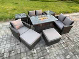 Fimous 7 Seater Rattan Outdoor Garden Furniture Gas Fire Pit Table Sets Gas Heater with Love Sofa Armchair 2 Big Footstool 2 Side Tables in Dark Grey - thumbnail 1