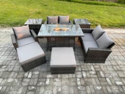 Fimous 7 Seater Rattan Outdoor Garden Furniture Gas Fire Pit Table Sets Gas Heater with Love Sofa Armchair 2 Big Footstool 2 Side Tables in Dark Grey - thumbnail 2