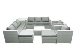 Fimous Outdoor Rattan Sofa Garden Furniture Set with 2 Armchairs Square Coffee Table 2 Big Footstools Side Table Light Grey Mixed - thumbnail 2