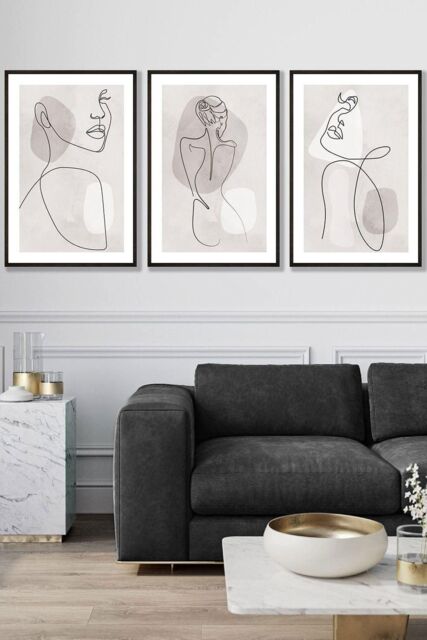 ARTZE Set of 3 Framed Beige & Grey Female Line Art Prints 53cm(W) x 73cm(H) in Black - Size: 53 cm(W) x 73 cm(H) - image 1