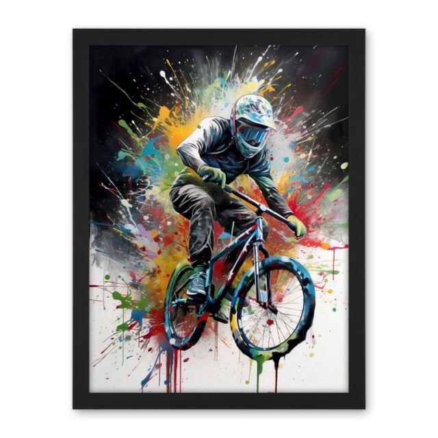"Artery8 Wall Art Print Mountain Biking Extreme Sport Paint Splat Portrait Large Framed Wall Décor Art in White - Size: W18"" x H24""" - image 1