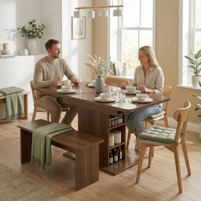 HOMCOM Extendable Dining Table for 4-6, Kitchen Table with Shelves, Walnut in Brown - image 1