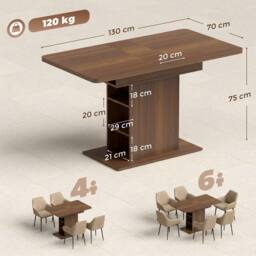 HOMCOM Extendable Dining Table for 4-6, Kitchen Table with Shelves, Walnut in Brown - thumbnail 3