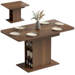 HOMCOM Extendable Dining Table for 4-6, Kitchen Table with Shelves, Walnut in Brown - thumbnail 2