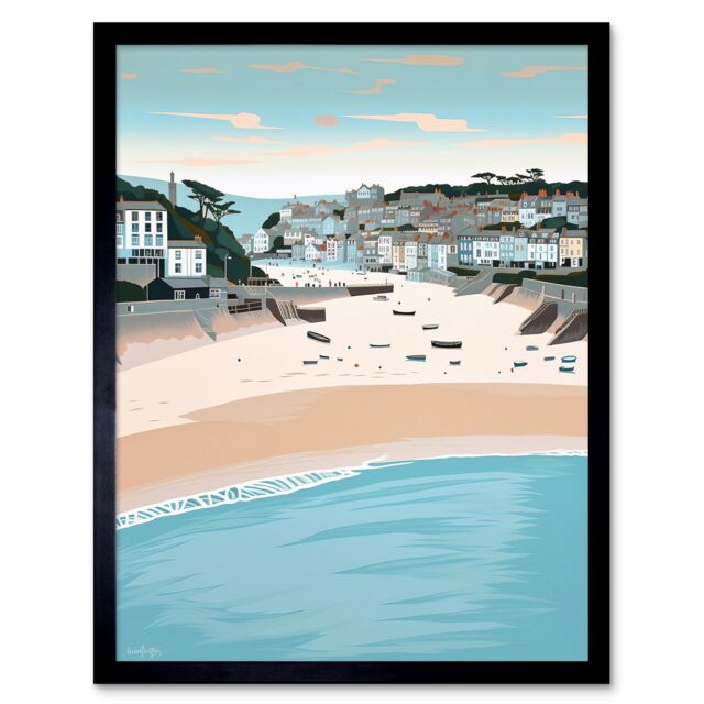 "Artery8 Wall Art Print St Ives Bay Summer Pastel Colour Coastal Cityscape Art Framed in Black - Size: W12"" x H16""" - image 1