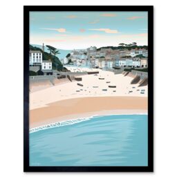 "Artery8 Wall Art Print St Ives Bay Summer Pastel Colour Coastal Cityscape Art Framed in Black - Size: W12"" x H16""" - thumbnail 1