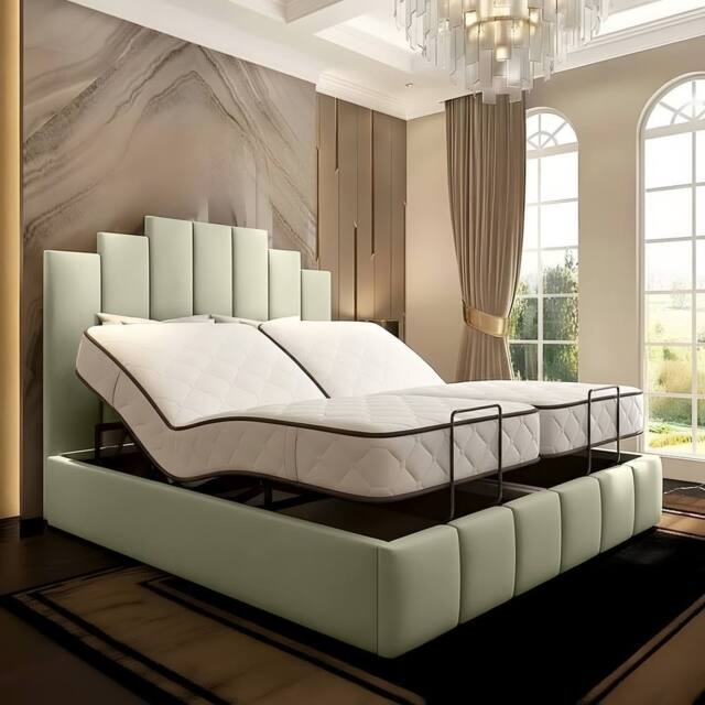 PARADISE BEDS LTD Tech Art Deco Electric Adjustable Bed Set with Pocket Sprung Mattress in Pale Green - Size: Single - image 1