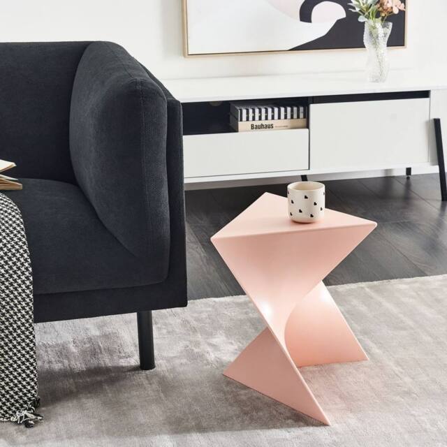 Wyld and Coco Pastel Pink Triangular Side Table Lightweight Synthetic Geometric - image 1
