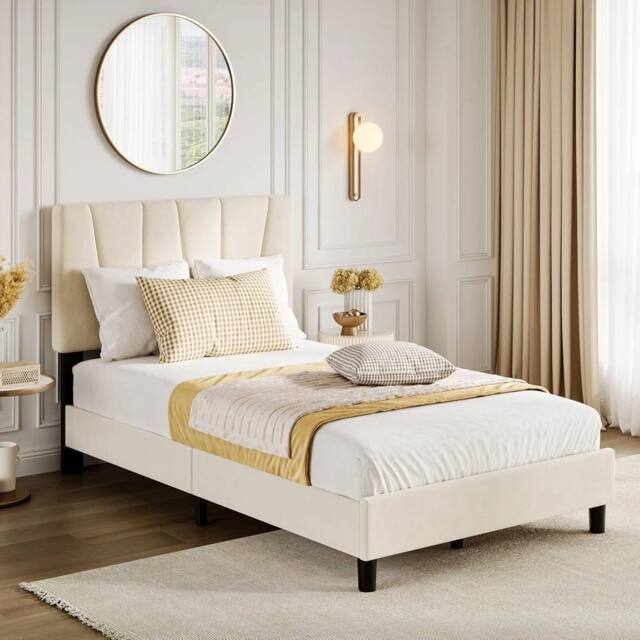 VOGREX Full Size Platform Bed Frame, Linen Upholstered Bed Frame - image 1