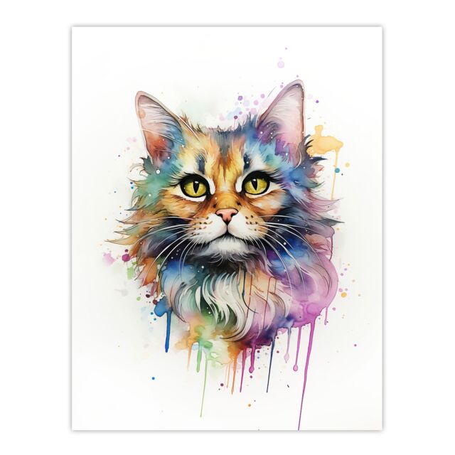"Artery8 Wall Art Print Floofster Fluffy Cat Lovers Gift Watercolour Pet Portrait Painting Artwork Poster - Size: W12"" x H16""" - image 1