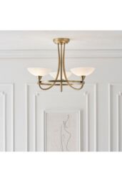 Netlighting Cagney 3 Light Semi Flush Multi Arm Ceiling Light Antique Brass White Glass G9 in Gold - thumbnail 2