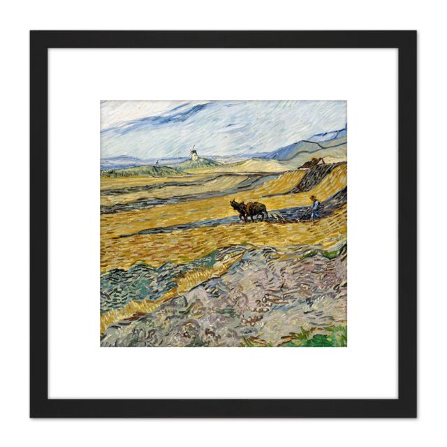 Artery8 Van Gogh Enclosed Field Ploughman Painting 8X8 Inch Square Wooden Framed Wall Art Print Picture with Mount in Black - image 1