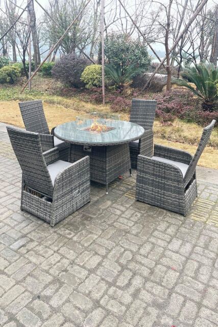 Fimous Rattan Gas Fire Pit Round Table Gas Heater Adjustable Chair Set Dining Table & Chair Set 4 Seat in Dark Grey - image 1