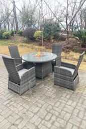 Fimous Rattan Gas Fire Pit Round Table Gas Heater Adjustable Chair Set Dining Table & Chair Set 4 Seat in Dark Grey - thumbnail 3