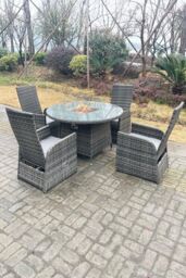 Fimous Rattan Gas Fire Pit Round Table Gas Heater Adjustable Chair Set Dining Table & Chair Set 4 Seat in Dark Grey