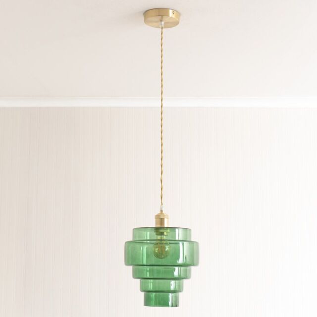 ValueLights Lane Glass 5 Tier Shade Brushed Gold Ceiling Pendant Light & Bulb in Bright Green