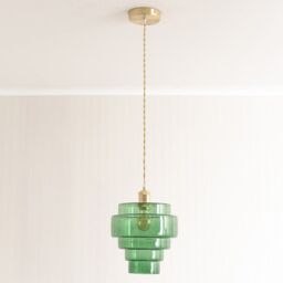 ValueLights Lane Glass 5 Tier Shade Brushed Gold Ceiling Pendant Light & Bulb in Bright Green