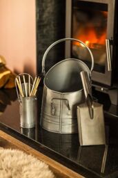 Marco Paul Fireside Accessory Set Coal Bucket Shovel Matchstick Holder Silver Kindling Log in Metallic Silver - thumbnail 1