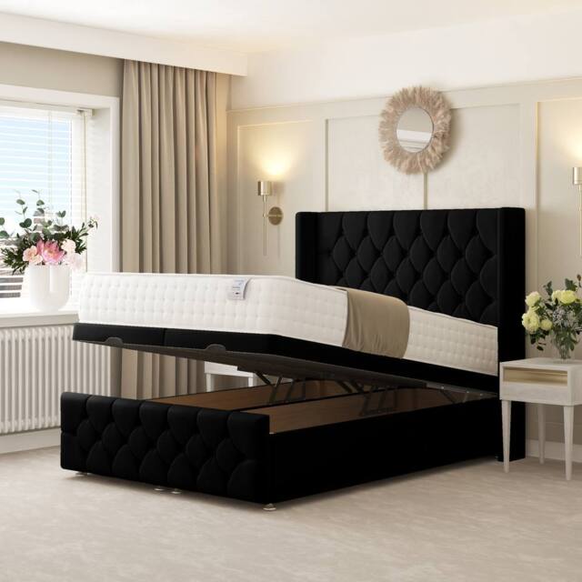 "Bed Choices Deluxe Ottoman Upholstered Divan Bed with 54"" Headboard in Black - Size: King" - image 1