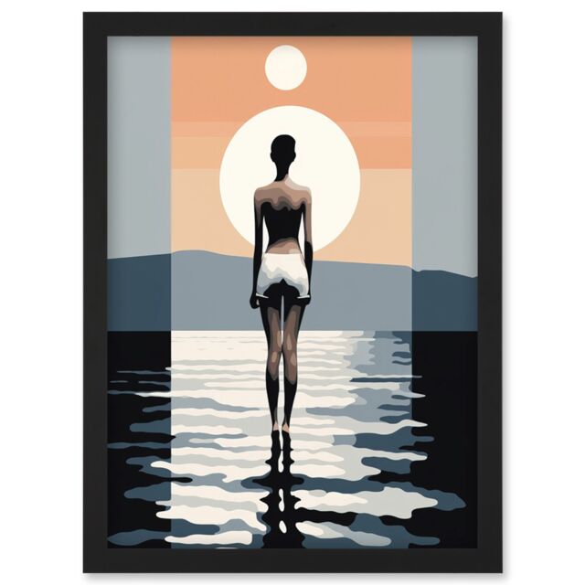 Artery8 Wall Art Print The Sea is Calling Modern Abstract Minimalist Artwork Sun & Moon Artwork Framed A4 in Black - image 1
