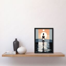 Artery8 Wall Art Print The Sea is Calling Modern Abstract Minimalist Artwork Sun & Moon Artwork Framed A4 in Black - thumbnail 2