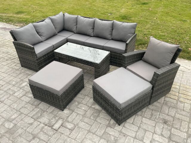Fimous Rattan Garden Furniture Sets High Back Corner Sofa Oblong Coffee Table Set with 2 Big Footstool Armchair Dark Grey Mixed - image 1