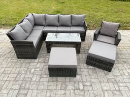 Fimous Rattan Garden Furniture Sets High Back Corner Sofa Oblong Coffee Table Set with 2 Big Footstool Armchair Dark Grey Mixed - thumbnail 2
