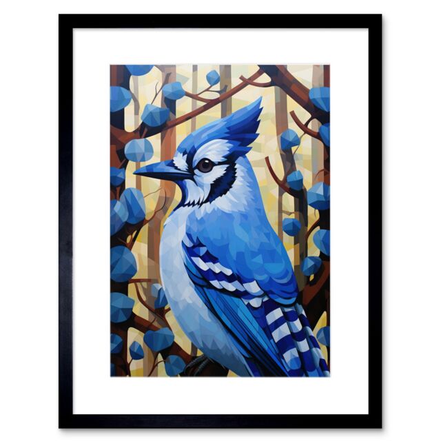 "Artery8 Wall Art Print Blue Jay Geometric Artwork Wild Bird Perched on Tree Polygonal Forest Landscape Artwork Framed 9X7 Inch - Size: W7"" x H9""" - image 1