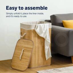 VOGREX Beige Foldable Large Bamboo Laundry Hamper - thumbnail 3