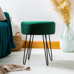Harbour Housewares Round Velvet Footstool - H40 x D35cm - Black Hairpin Legs in Green - thumbnail 2