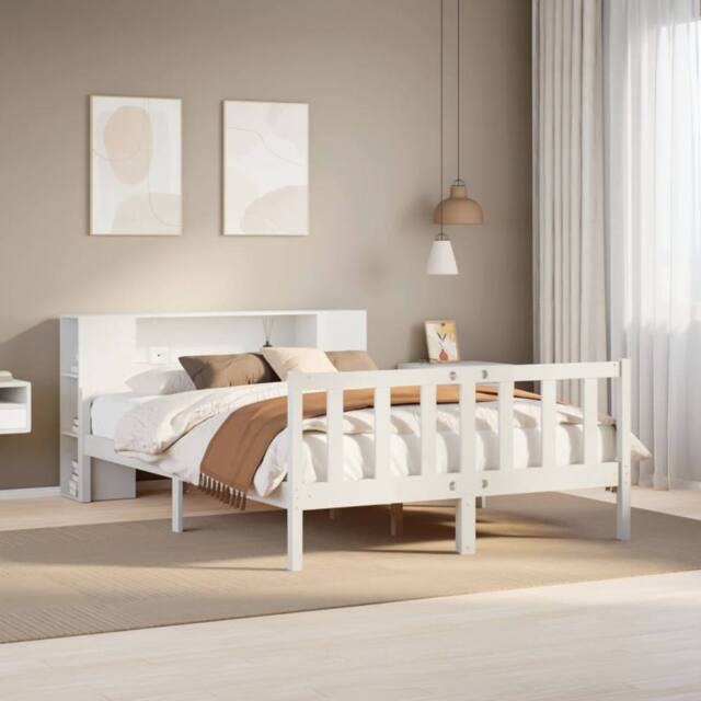 Berkfield Home Bookcase Bed Frame Wax Brown 150x200 cm King Size Solid Wood Pine in White - image 1