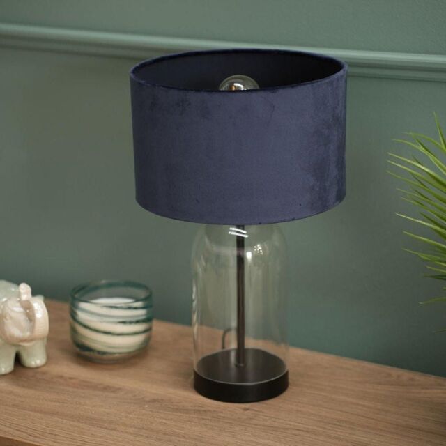 ValueLights Jessy Black Glass Table Lamp With Navy Blue Velvet Shade - image 1