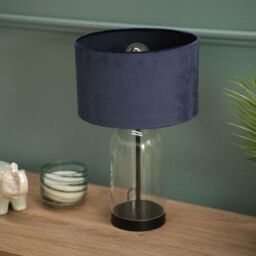 ValueLights Jessy Black Glass Table Lamp With Navy Blue Velvet Shade